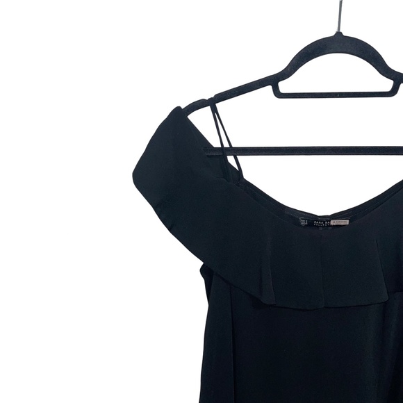 Zara Basic Cold Shoulder Spaghetti Strap Black Pullover Mini Dress Sz M - Picture 3 of 10